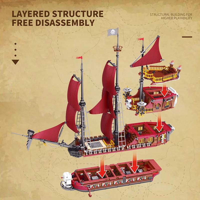 3066PCS Red Sail Boat Building Blocks Queen Anne's Revenge Pirate Ship Model Bricks Toys Creative Desktop Decoration Kids Gift