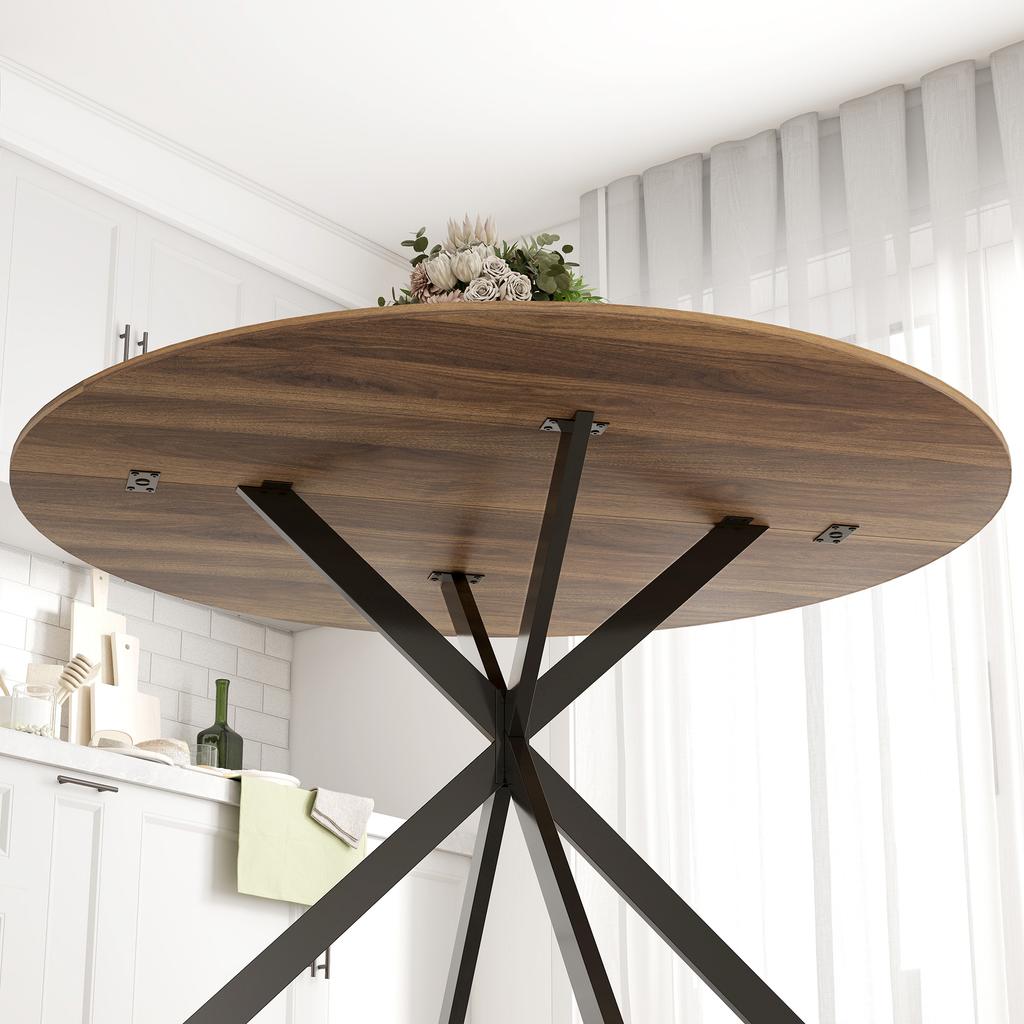Round Dining Table for 4 People, Industrial Style Kitchen Table with Steel Legs, for Dining Room, Kitchen, Dark Brown