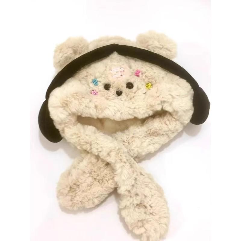 Winter hat plush thickened cute earphones bear hat scarf integrated plush ear protector pullover hat