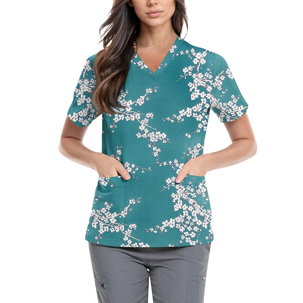 Women's Cute Printed Work Clothes V-neck Double Layer Pockets Basic Short Sleeve Top Pullover Valentines