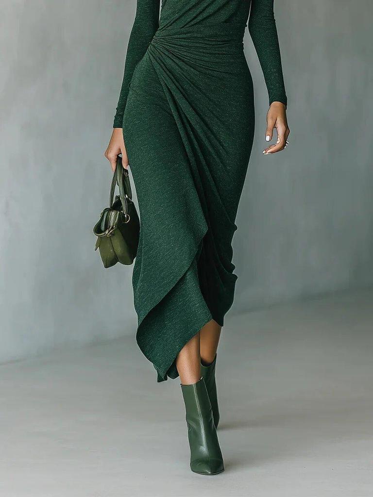 Elegant High-Collar Waist-Cinching Irregular Wrap Dress for Women - Autumn/Winter Collection