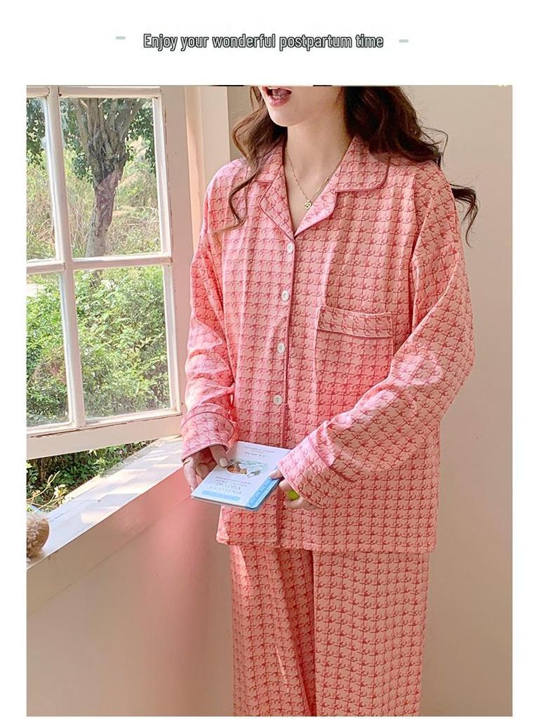 Plus Size Maternity & Postpartum Pajama Set with Breast Pads - Long Sleeve, Spring & Autumn Nursing Wear