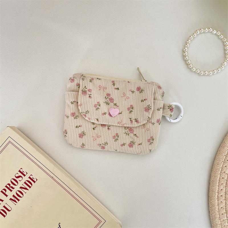 Cute Corduroy Coin Purse Fashion Floral Print Heart Snap Button Mini Wallet for Student School Carry Change Jewelry Storage