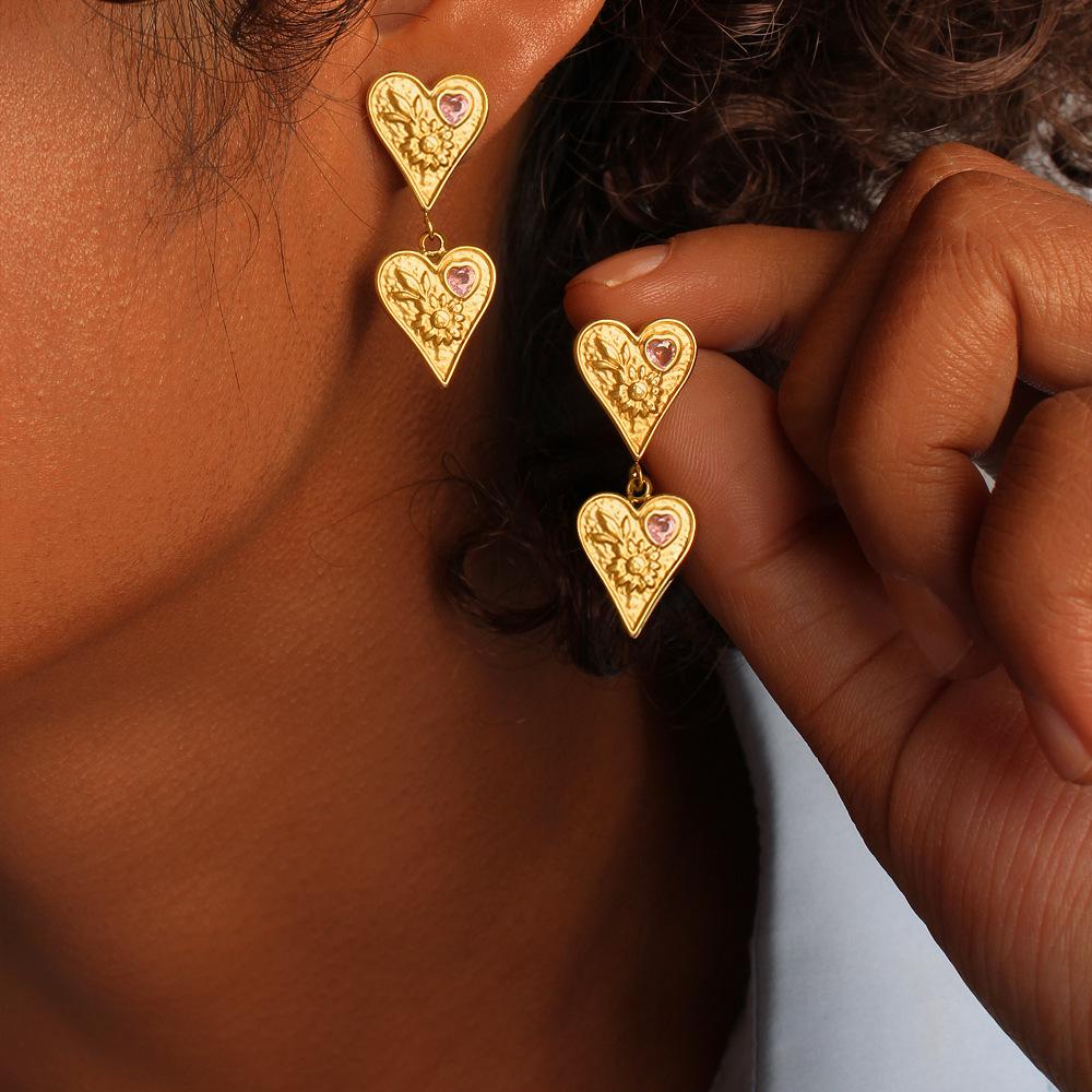 Elegant Retro Stainless Steel Heart Dangle Earrings with Pink Diamonds, 18K Gold Plated, Double Layer Design