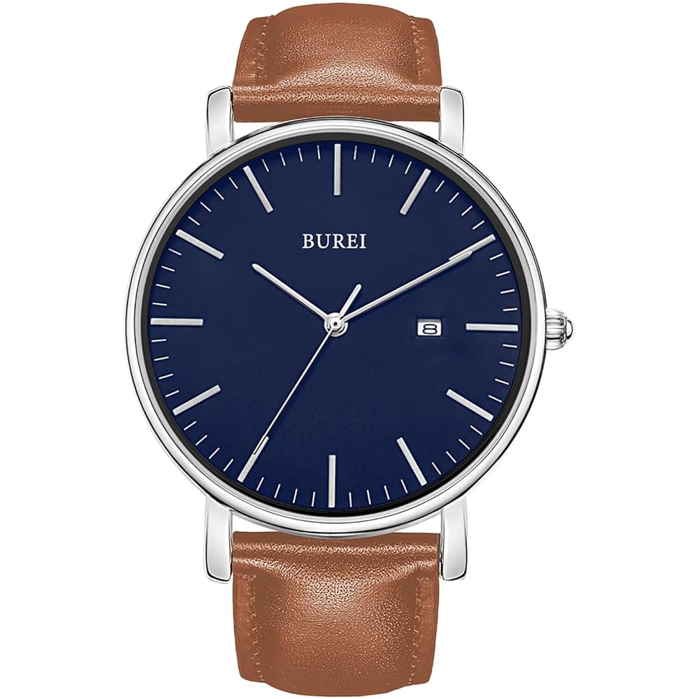BUREI Men s Analog Watch Blue Brown Leather Waterproof Stylish Casual Timepiece