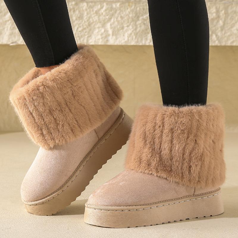 New Wool Striped Decorative Women's Snow Boots Suede Autumn and Winter Casual Thick-soled Medium Tube Warm and Comfortable Cotton Shoes