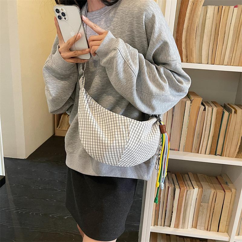 Simple Plaid Hobos Shoulder Bags for Women Large Capacity Ladies Crossbody Bag Casual Student Handbag Tote Colorful Rope Pendant