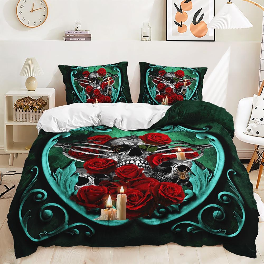

Rose And Skulls Bedding Set For Kids, All Season, Twin, Full, Queen, King Size, Bed Set, Bedroom Duvetcover Sets, Red (135x200cm)