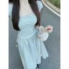 Blue square neck suspender dress women's summer new splicing skirt high-end waist and thin dress