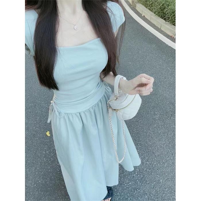

Blue square neck suspender dress women s summer new splicing skirt high-end waist and thin dress S