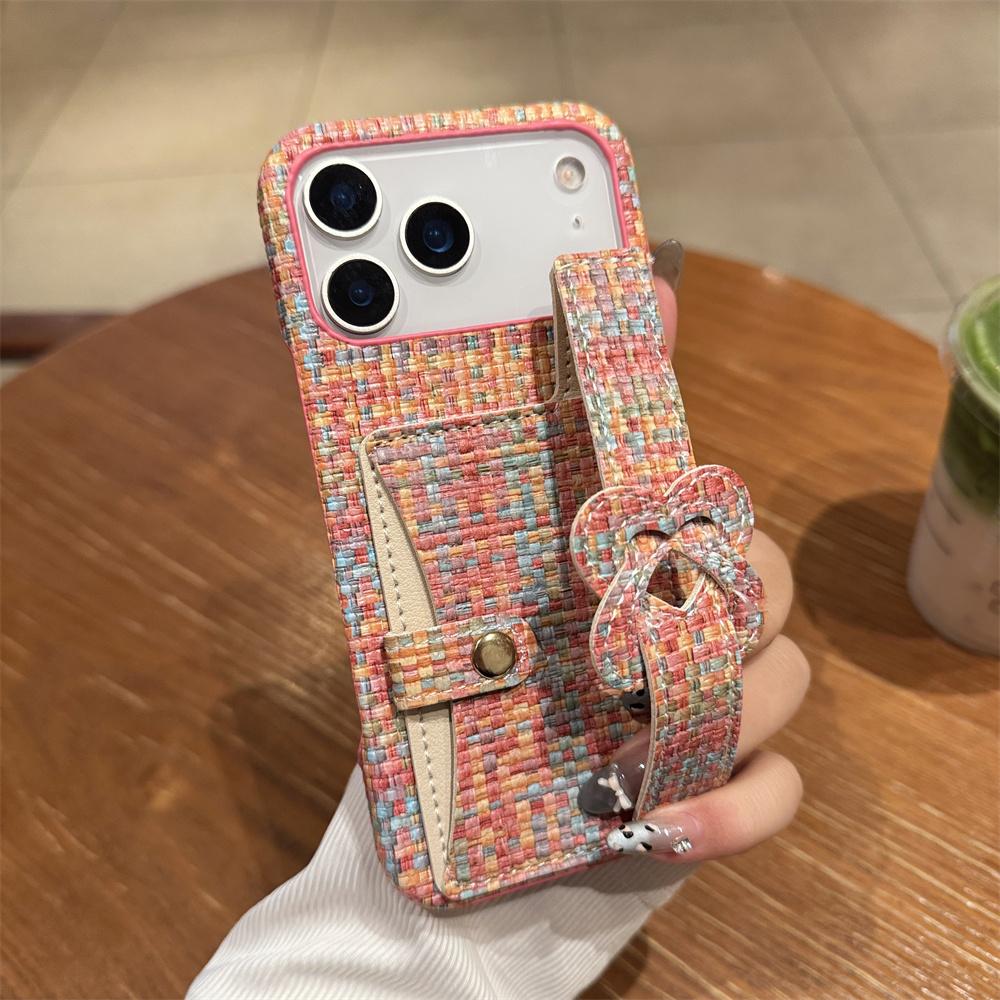 Elegant Stylish Heart Bow Wrist Strap Card Holder Phone Case for iPhone 17 Pro Max 16 15 14 13 Tweed Texture Protective Cover
