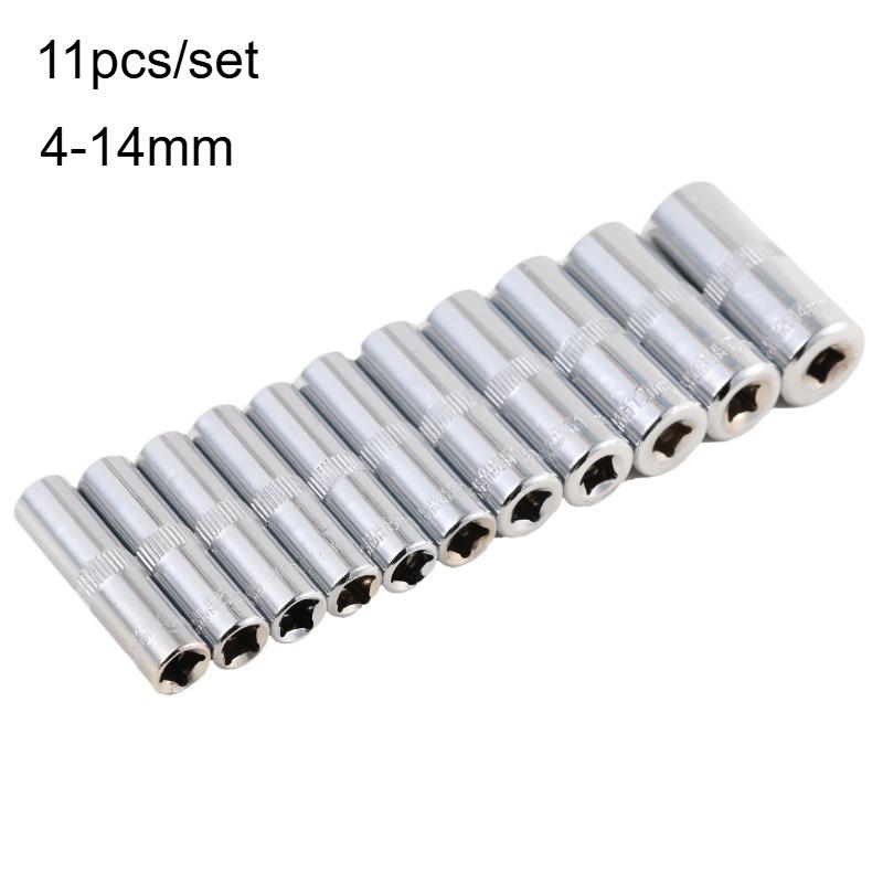 11pcs 4 Mm To 14 Mm Professional Grade Metric Long Chrome Socket Set 1/4-Inch Drive 6-Point Deep Socket
