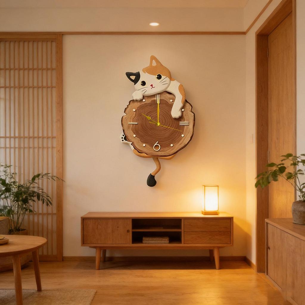 Cat Wall Clock Swinging Tail Pendulum Home Quiet Movement Hotel Analog