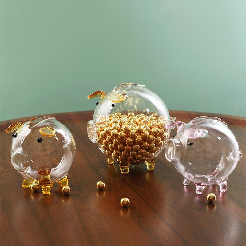 Mini Pig Money Jar Golden Beans Storage Box Transparent Piggy Bank Gold Glass Pig Ornaments Portable Coin Bank Saving Box Gift