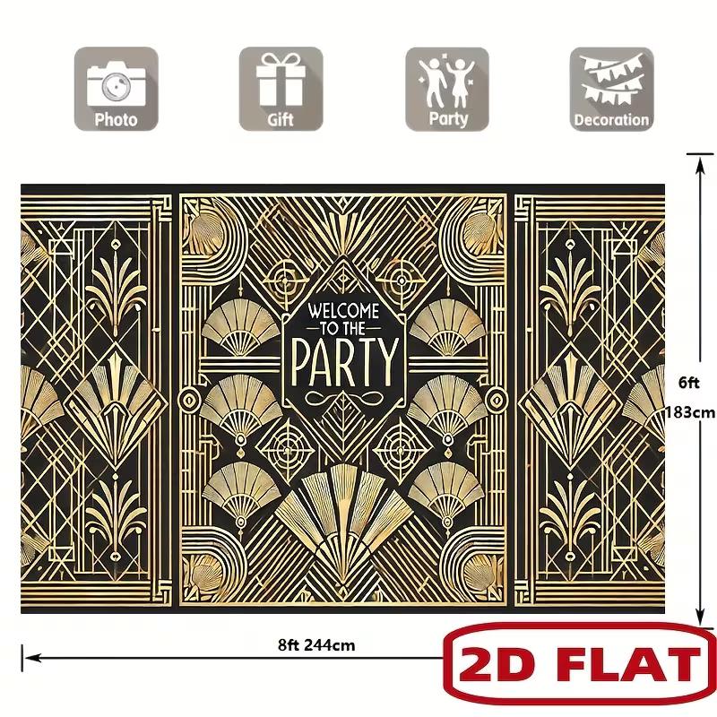 Roaring 20s Photo Booth Background, Black Gold Art Deco Welcome To The Party Backdrop for Speakeasy & New Year Events