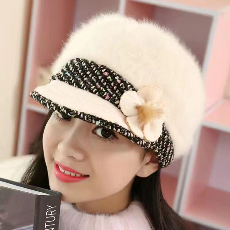 

Hat Women s Autumn and Winter Fleece Thickened Ear Protector Hat Beret Duck Tongue Knitted Hat Rabbit Hair Hat Middle-aged Women s Hat