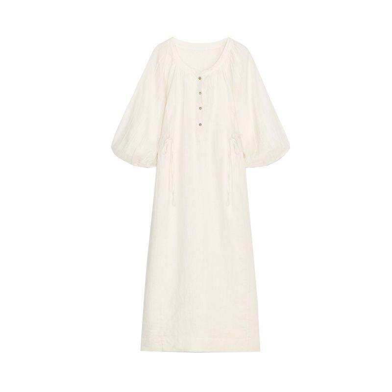

Летняя новинка Женская одежда Минималистичное платье-рубашка с круглым вырезом и рукавами-фонариками из смесового льна 2731102 raw white L