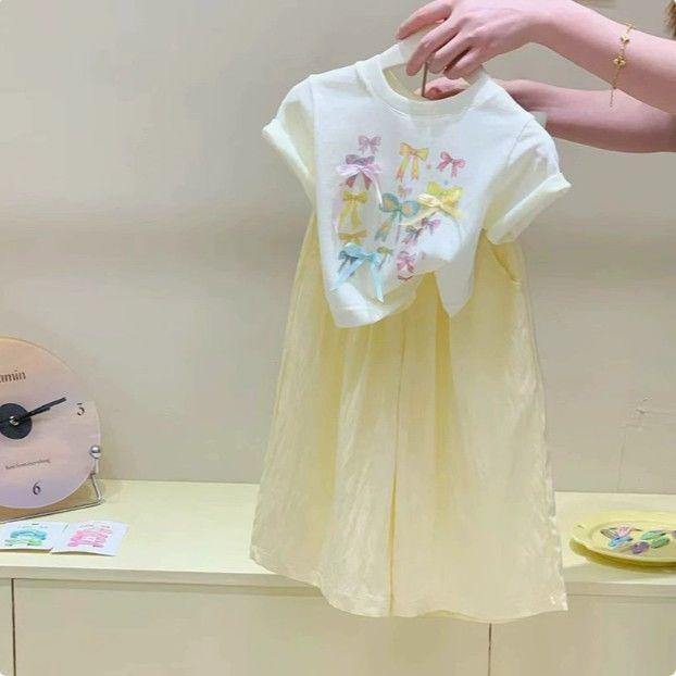 2025 Summer Girls' Korean Style Outfit: Sweet Bow Print Top & Crinkled Pants
