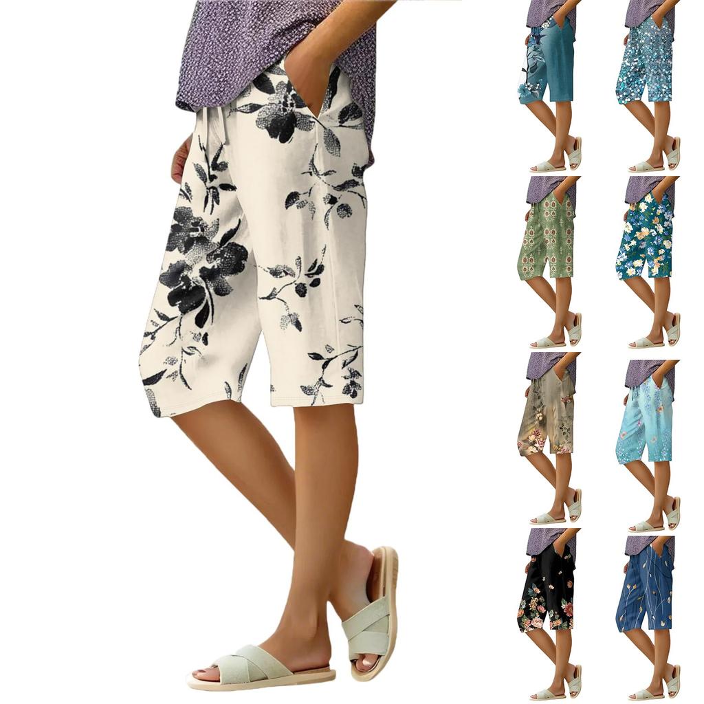 Women's Summer Fashion Retro Floral Polka Dot Print Knee Length Lightweight Elastic Waist Casual Pocket Shorts