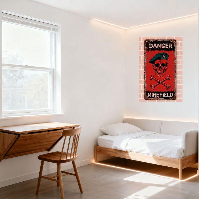 Vintage Military Minefield Warning Metal Tin Sign with Skull & Crossbones, Distressed Rusty Edge Red Black Background, Retro Wal
