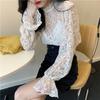 Sheer Transparent Lace Blouse Ruffles Ruched Flare Sleeve Embroidery Shirt Women Top Chemise Renda Blusa
