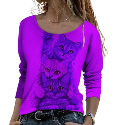 Katzen-Cartoon-Druck, Rundhalsausschnitt, langärmelig, Herbst, beliebtes Damen-Dating-Top im lässigen Stil, XS-8XL