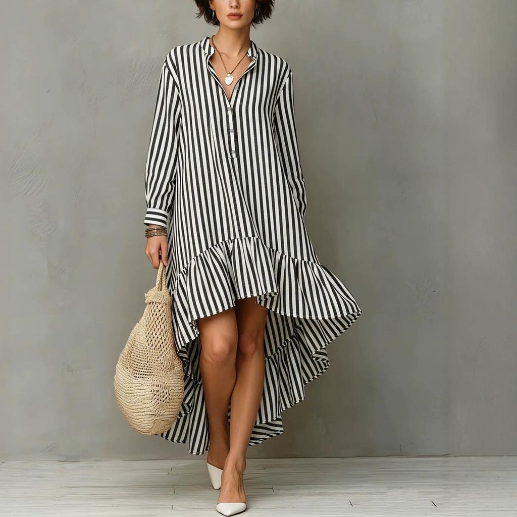 European and American summer new black and white striped lapel shirt skirt irregular ruffle edge long sleeve loose holiday dress