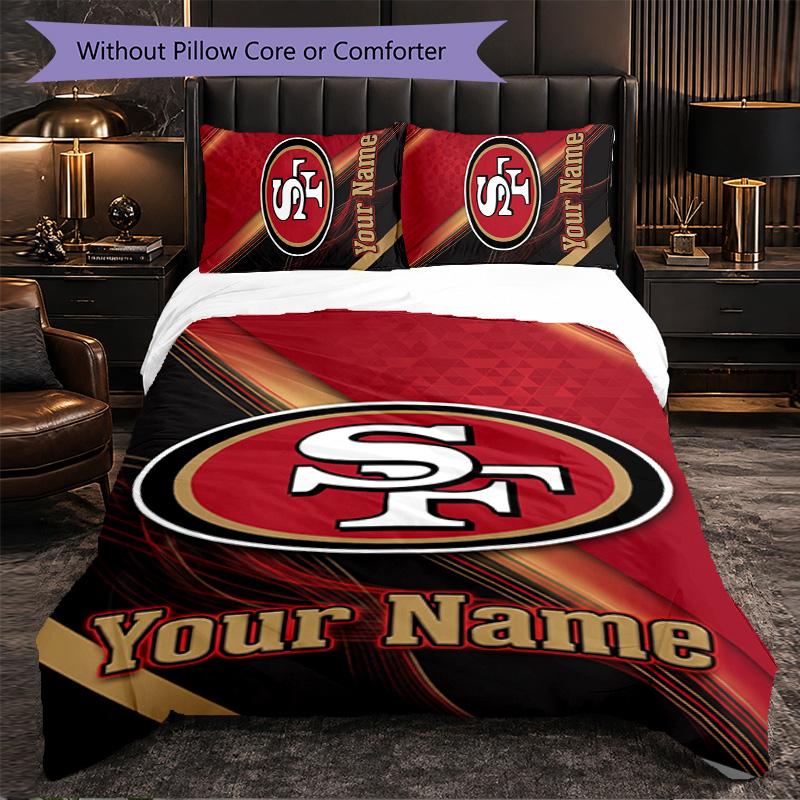 San Francisco 49ers Customized Name Text Bedding Set, 1 Duvet Cover & 2 Pillowcases Personalized Bedroom Gift
