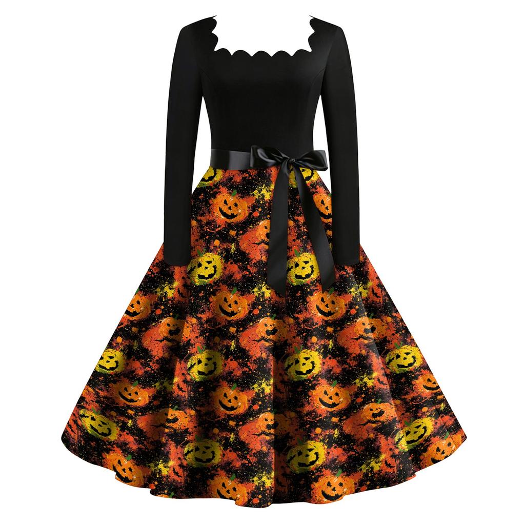 Women's Vintage Long Sleeve Square Neck Halloween Print Party Dress Midi Length Fit and Flare Style with Waist Tie Belt