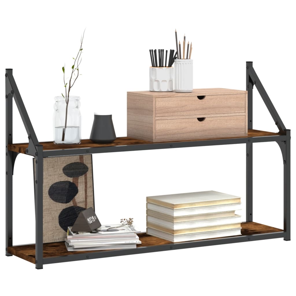 Wall Shelf with 2 Shelves Smoked Oak Finish 80 X 21 X 51 Cm Wood Based Material