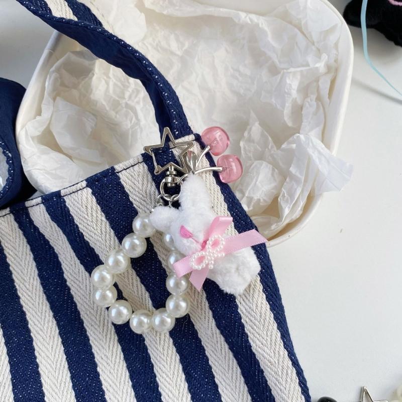 Adorable Rabbit Cherry Charm Keychain With Imitation Pearls Detachable Phone Strap Bag Accessories For Girls