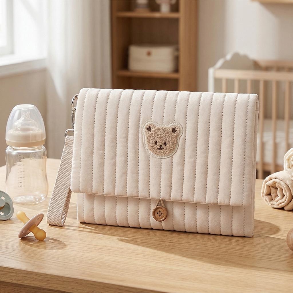 Cute Bear Embroidery Diaper Clutch Bag Foldable Quilted Diaper Pouch Multiple Pockets with Wipes Pocket Travel Essential for Mom