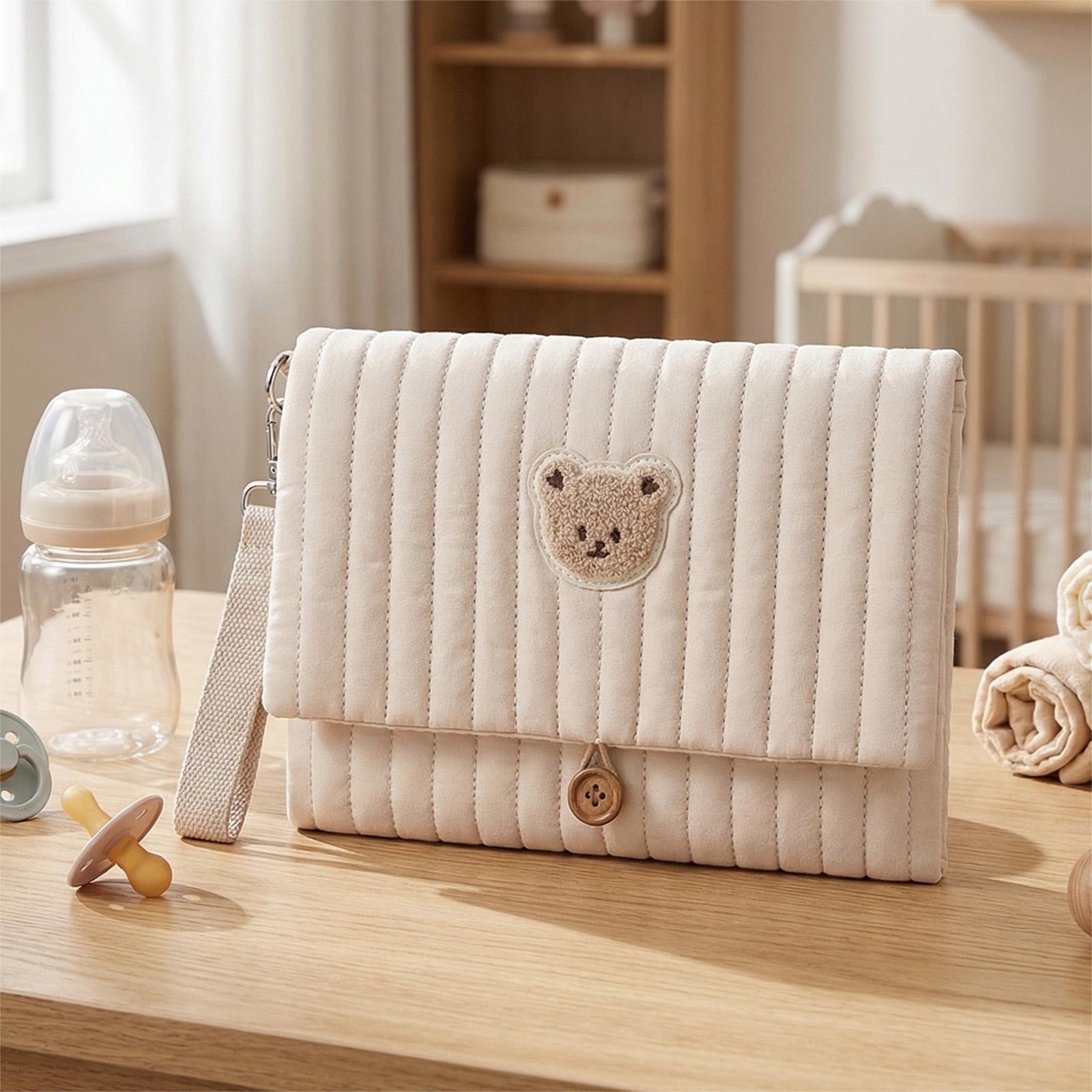

Cute Bear Embroidery Diaper Clutch Bag Foldable Wipe and Diaper Pouch Stroller Attachment with Wipes Pocket Gift for Baby Shower хаки