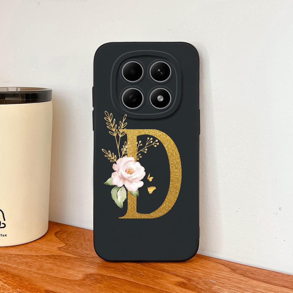 Floral Gold Letters Cover For Poco M8 Pro Phone Case Soft Smooth Liquid Silicone Anti Drop Protective High Quality Couple Bumper