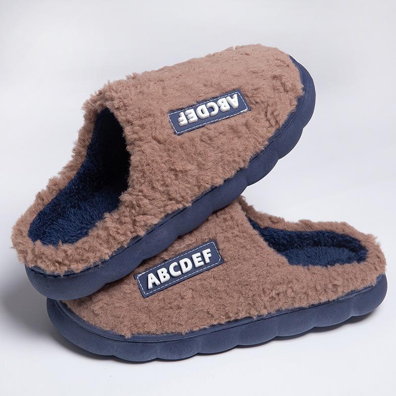 New letter-marked cotton slippers men's solid color simple velvet thickened winter home warm feet couple slippers