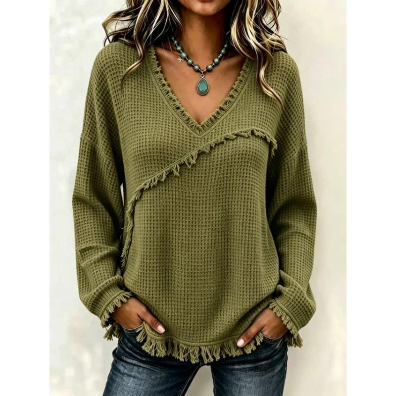 Women S Casual V Neck Long Sleeve Solid Color Shirt