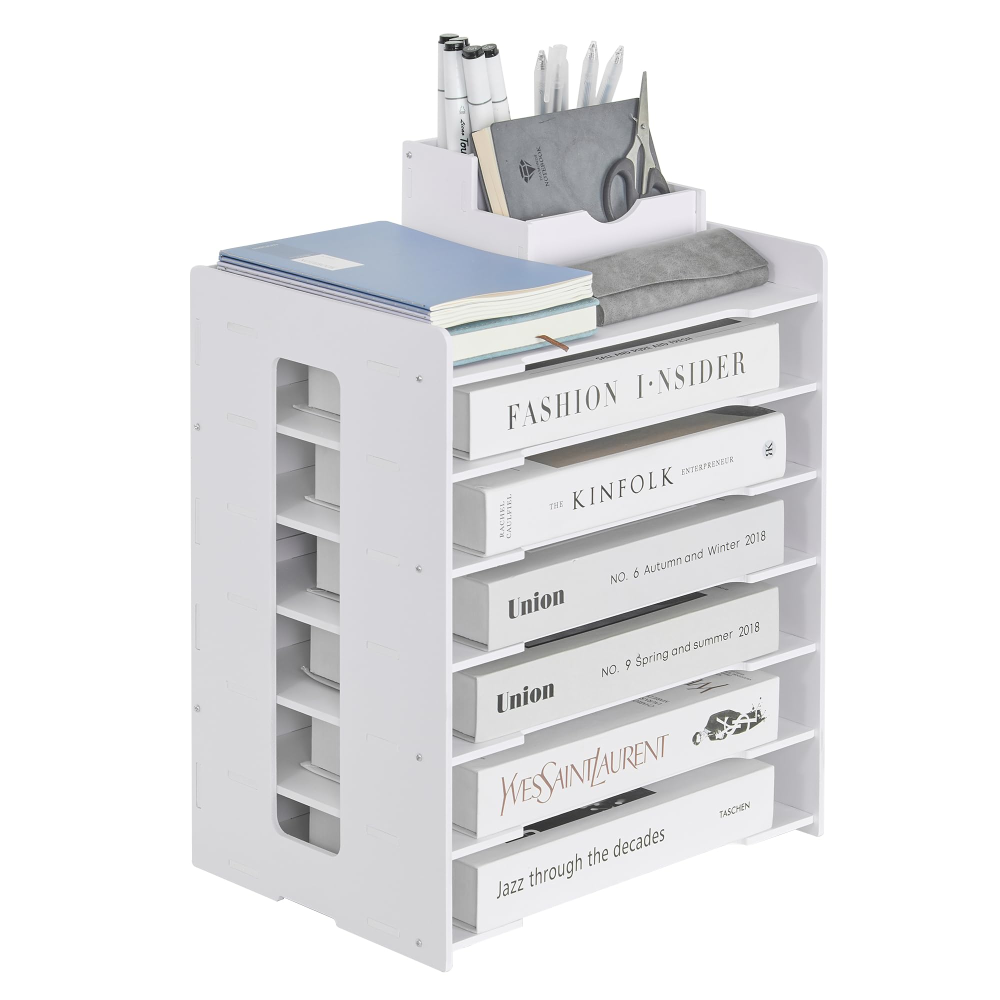 

VECELO Настольная стойка для хранения, Стойка для файлов формата A4, Сборный органайзер для стола, Вмещает газеты, журналы, папки, документы, лотки для писем и другие настольные принадлежности