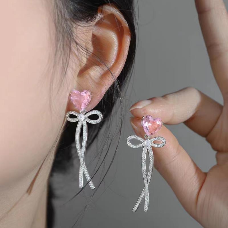 S925 Sterling Silver Needle Pink Zircon Bow Earrings - High-End Korean Luxury Studs розовый
