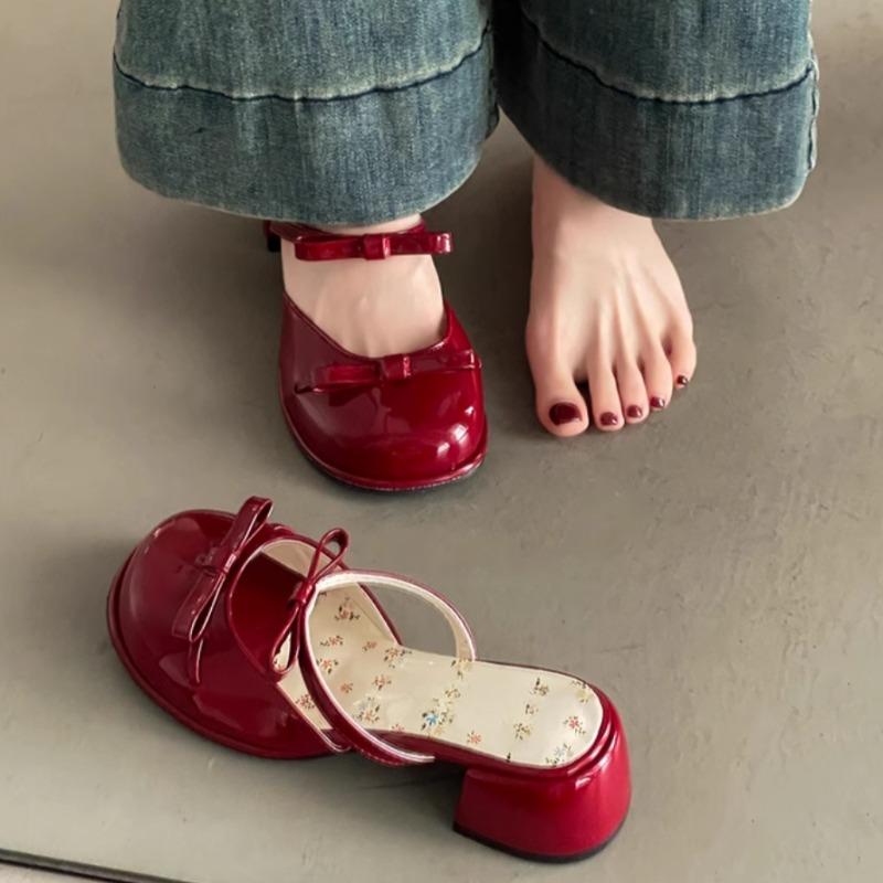 Small Floral Baotou Slippers for Summer Wear New Round Toe Shallow Mouth Bow with Skirt Block Heel High Heel Sandals