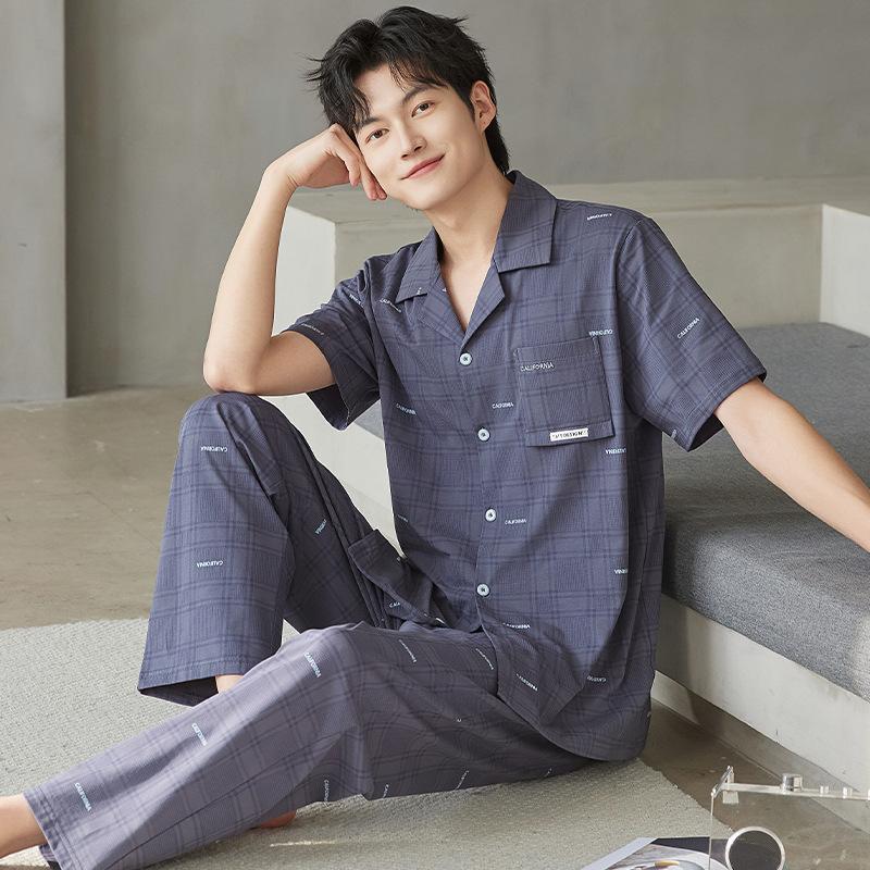 Pajamas Men's Summer Cotton Short Sleeve Pants Set Thin Men's Large Size High-end Fashion Alphabet Homewear