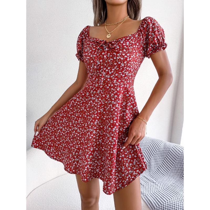 Women's Spring and Summer Leisure Flared Sleeve Drawstring with Floral Big Swing Dress
