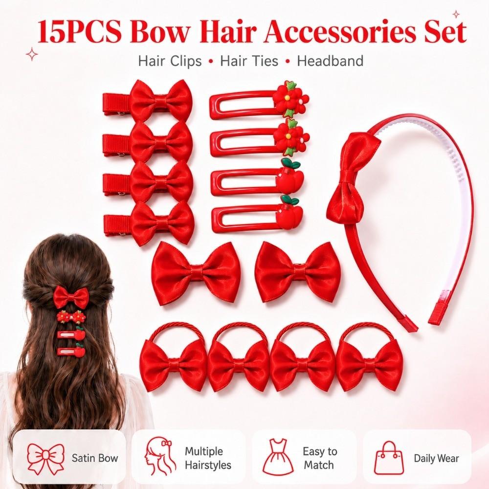 15Pcs/Set Lightweight Bow Hair Accessories Set Colorful Bow Hair Ties New Bow Headband Girls Gifts
