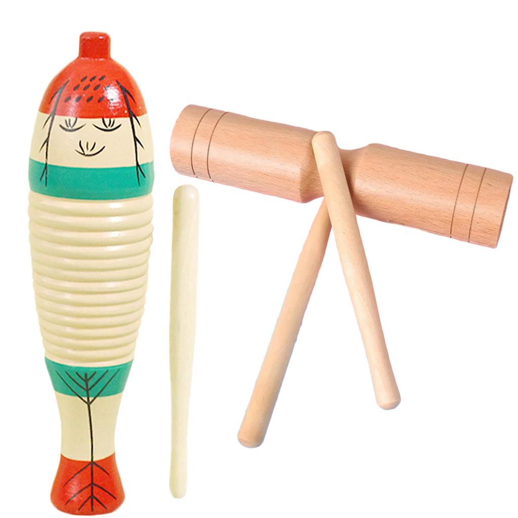 Silver & Style Musical Instrument Wood Block Guiro Percussion Set for Rhythm Play (Wood Block Guiro Set)