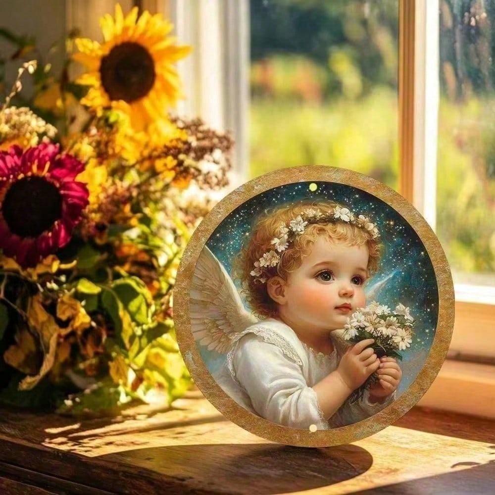 Vintage Angel Baby Metal Round Wall Art 8x8 Inch Tin Sign for Bedroom Home Decor