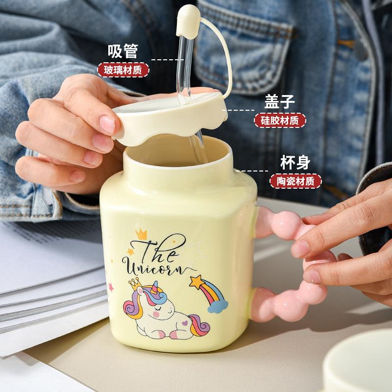 Süße Einhorn-Tasse mit Glasstrohhalm Becher Große Kapazität Mädchenherz Milch Fufu mit Deckel Wasserbecher Keramik