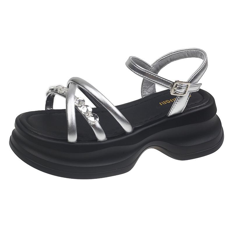 Fairy Style Fashion Cross with Open-toed Sandals Female Summer New Thick-soled Heightening French Style with Skirt Beach Shoes