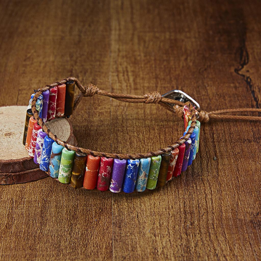RINHOO Chakra Bracelet Jewelry Handmade Multicolor Natural Stone Tube Beads Leather Wrap Bracelet Couples Bracelets Gifts