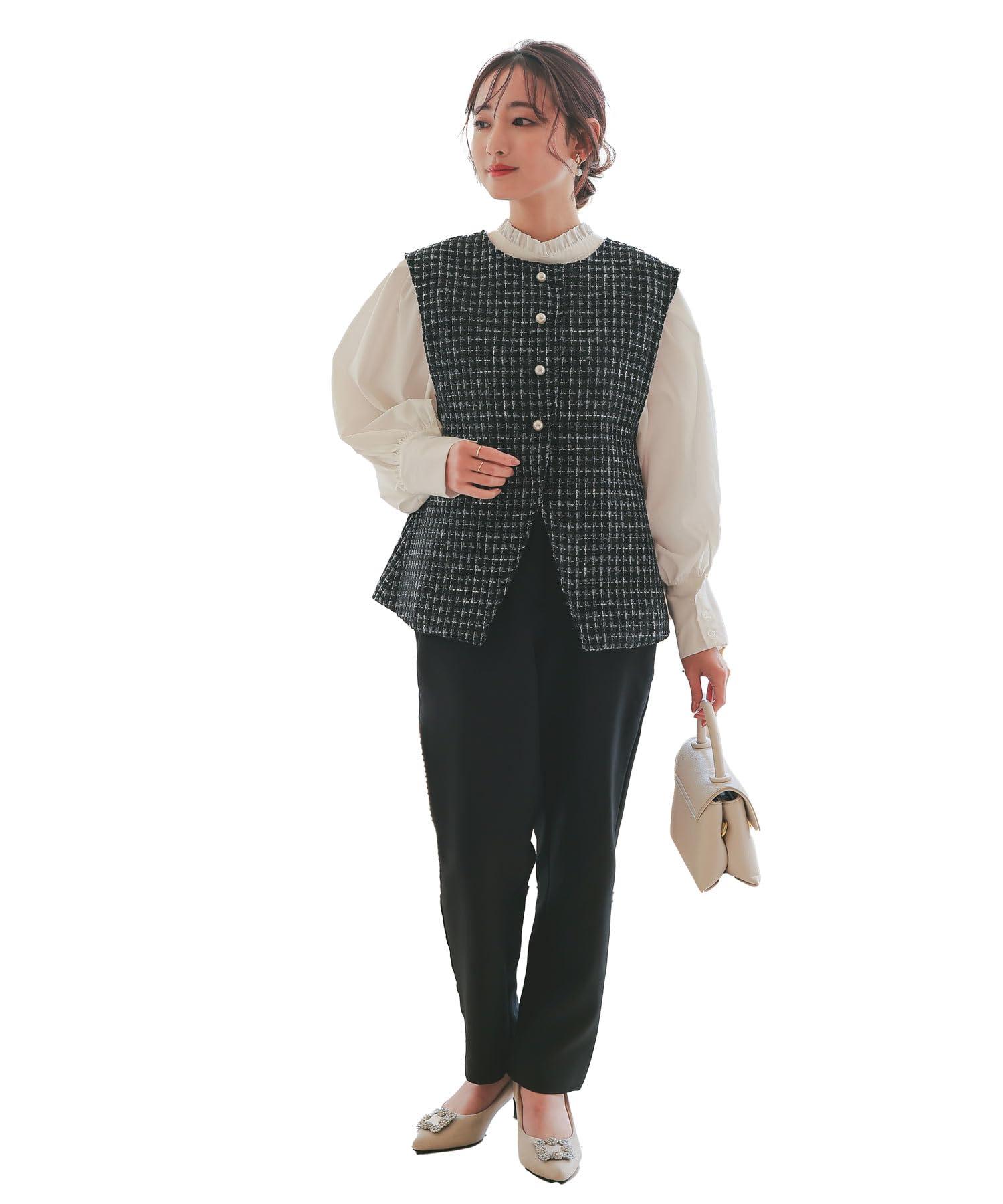 

Suit Ladies Ceremony 3 Piece Set Formal Setup Entrance Ceremony Graduation Ceremony S Tapered Tweed Black [Kobe Lettuce] [Petit Lace] [X471]
