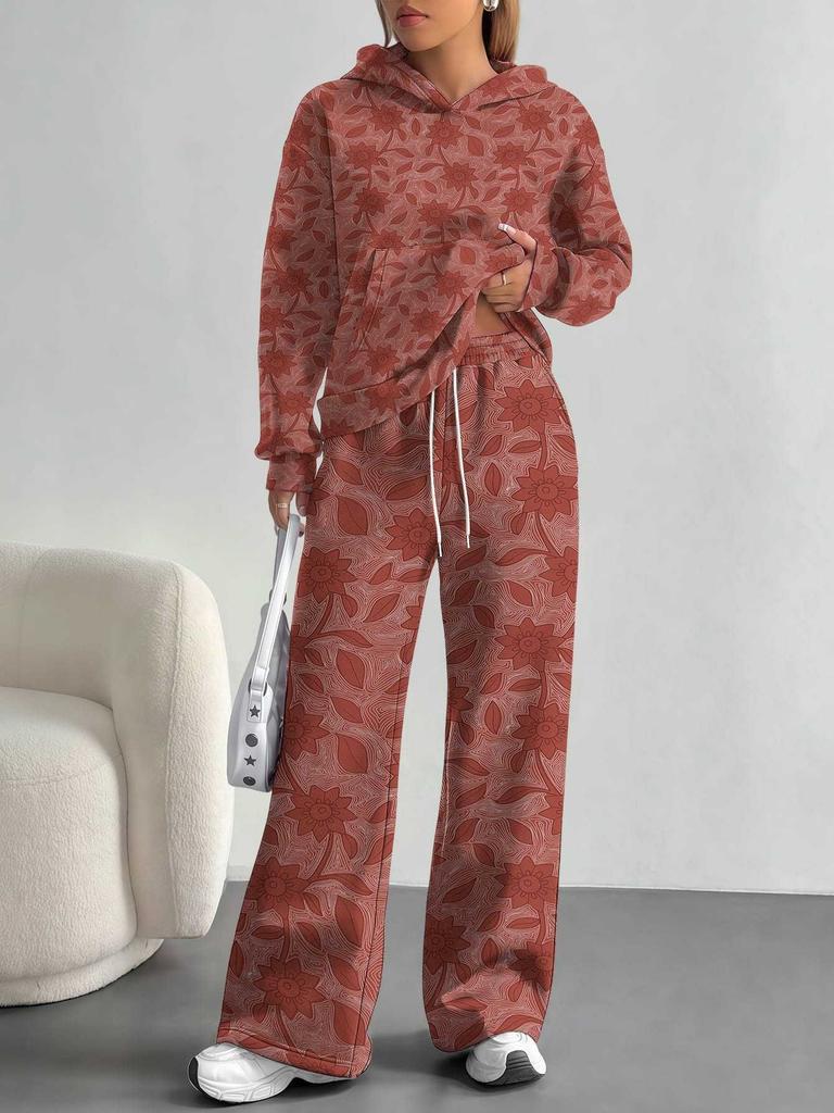 Pink Cherry Print European and American Autumn and Winter Casual Long-sleeved Suit Women's Hooded Sweater Trousers Two-piece Set