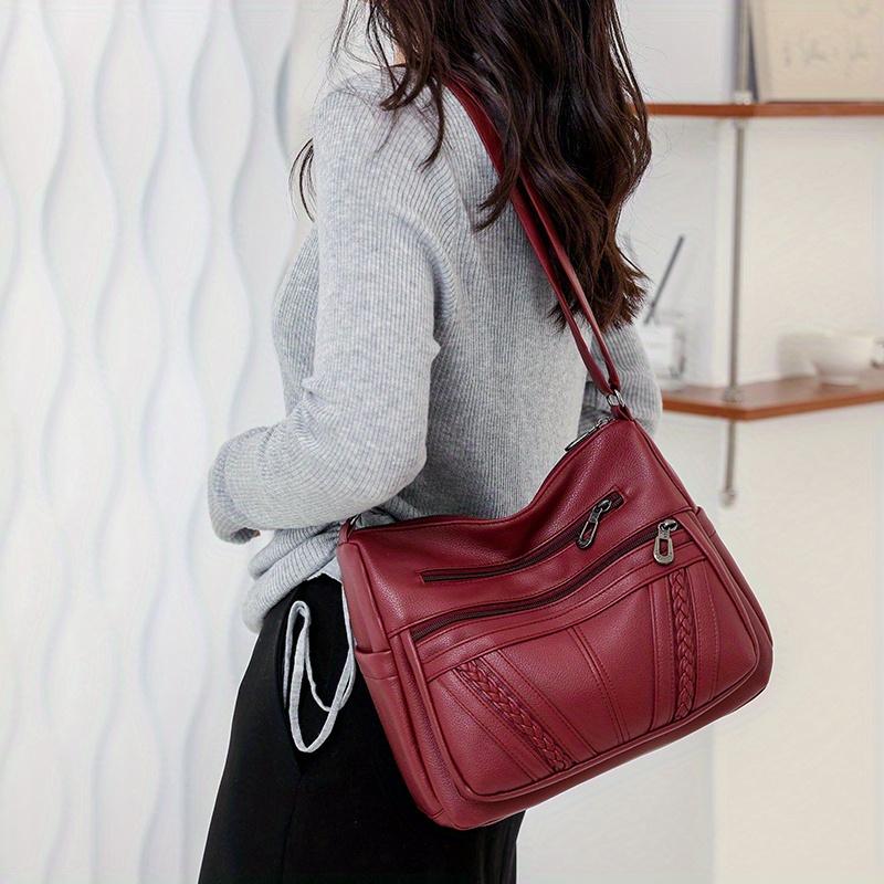 Braided Detail PU Leather Crossbody Bag, Women's Multi-Pocket Shoulder Purse, Fashion Soft Handbag